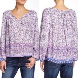 Lucky Brand Purple Floral Border Print Peasant Blouse Sz.L 100% Rayon Bohemian